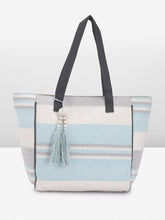 PRIMROSE Striped Canvas Tote Bag with Pearl Tassel Blue and Grey